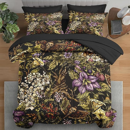 Comforter Set Queen Size, Gothic Flower Tree Plants 7 Pcs Bedding for Kids and Adults, Death Moth Green Bed Sheet Sets with Fitted Sheet 2 Pillowcases & 2 Shams for Bedroom Bed Decor