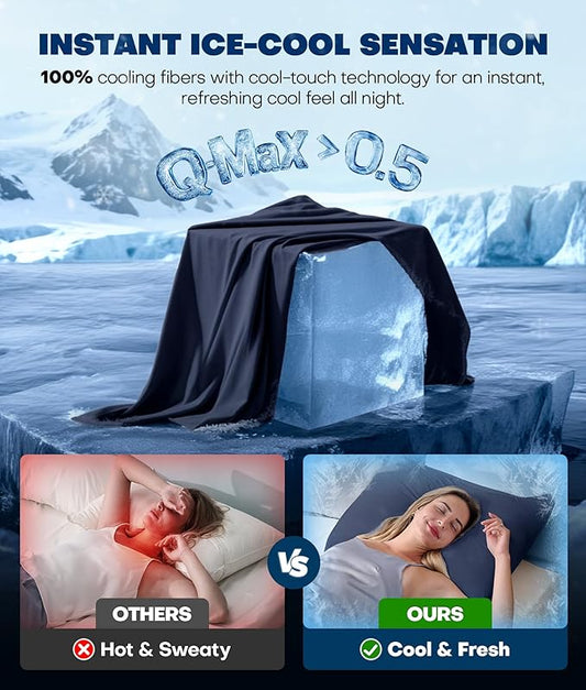 Ultra-Chill Cooling Pillowcase Set of 2 for Hot Sleepers, Softer Than Silk Pillow Cases for Protecting Hair & Skin, Breathable Bed Pillow Covers w/Zipper, Gifts for Women Men (Navy Blue, Standard)