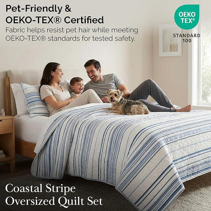 Southshore Fine Living, Inc. Oversized Queen Quilt Set, Striped Blue/White Quilt Bedspread Queen/Full, 3-Piece Coastal Bedding Set with Lightweight Coverlet and Matching Quilted Shams, Blue Stripes