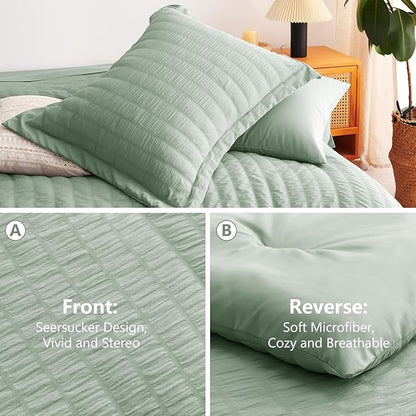 CozyLux Queen Comforter Set Sage Green Seersucker 7 Pieces Bed in a Bag Queen Comforter Set with Sheets, Luxury Soft Bedding Set with Down Alternative Comforter, Sheets, Pillowcases & Shams All Season