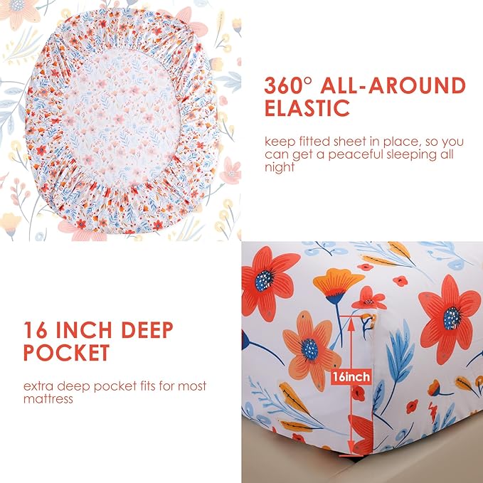 JSD Floral Printed Sheet Set King Size, 4 Piece Flower Pattern Microfiber Bed Sheets Deep Pocket