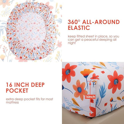JSD Floral Printed Sheet Set Queen Size, 4 Piece Flower Pattern Microfiber Bed Sheets Deep Pocket