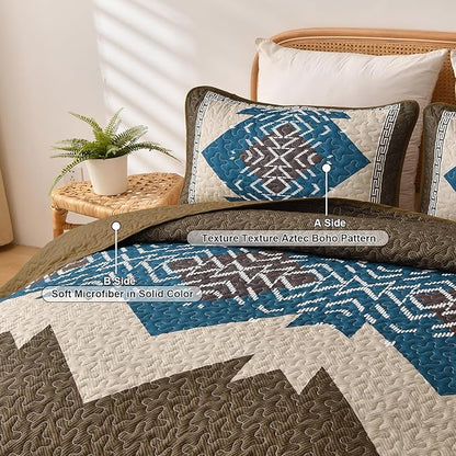 Dintszyayue Brown Boho Quilt Set Queen, Aztec Western Quilt Bedspread Set, 3 Pieces Texture Bedspread Southwestern Bedding Set, Soft Lightweight Coverlet Set for All Season with 2 Pillowcases