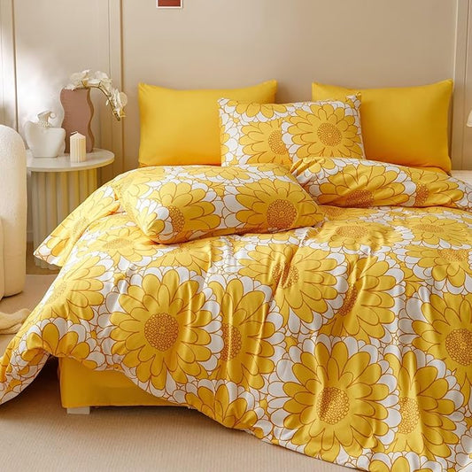 Houseri Yellow Floral Comforter Set Full 3 Piece Yellow Sunflower Bedding Full Size Lightweight White and Yellow Botanical Bed Set Soft Comfy Quilt Blanket Full