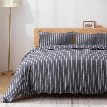 TOCOMOA Striped Duvet Cover Set 100% Natural Cotton Soft Comfy Breathable 3 Piece Grey and White Pattern Printed Comforter Cover Bedding Set (Queen 90"x90", Comforter Not Included)