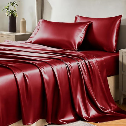 CozyLux Satin Sheets Twin Sheet Set - 3 Piece Silky Twin Bed Sheets, Luxury Burgundy Sheet Twin Size Bed Set with Smooth and Soft Microfiber, Includes 1 Fitted Sheet, 1 Flat Sheet and 1 Pillowcase