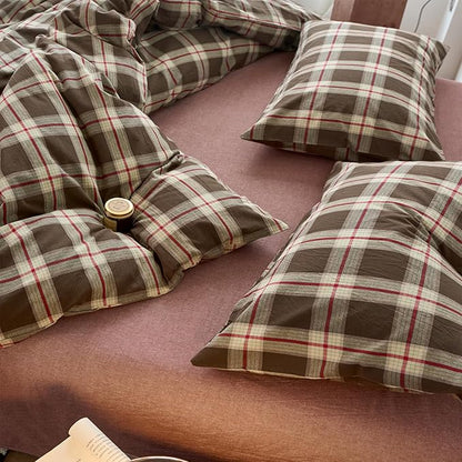 EAVD Vintage Brown Buffalo Plaid Comforter Set Full Soft 100% Washed Cotton Brown&Red&Green Grid Checkered Bedding Set with 2 Pillowcases Retro Gingham Comforter Set for All-Season