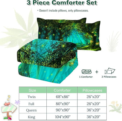 SOULZZZ Forest Comforter Set King Size Premium Microfiber Green Forest Mushroom Butterfly Flower Pattern Comforter 3 Piece Aesthetic Green Bedding Set with 2 Pillow Shams