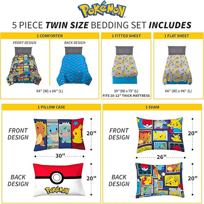 Pokémon Pikachu Twin Size Bedding, Kids Bedding Super Soft Cozy Reversible Comforter and Sheet Set with Sham, 5 Piece Twin Size, (Officially Licensed Product) by Franco