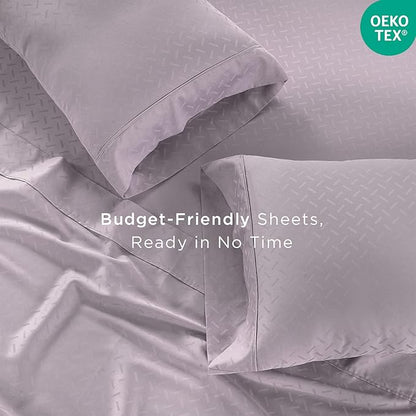 Threadmill Cotton Twin Sheet Set | 100% Cotton Sheets for Twin Size Bed | Damask Jacquard Sateen Twin Bed Sheets Set with 16” Deep Pocket | Soft Breathable 3-Piece Cooling Sheet Set | Lilac