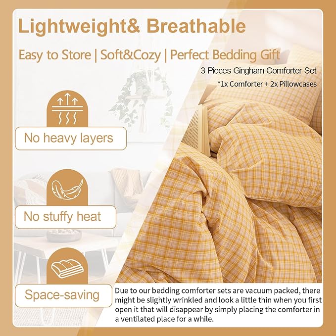 EAVD Yellow Plaid Comforter Set Queen Modern Gingham Comforter Set 3 Pieces Reversible Grid Plaid Bedding Set with 2 Pillowcases Farmhouse Gingham Bedding Set for All-Season