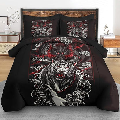 Comforter Set Twin Size, Tiger Dragon 5 Pcs Bedding for Kids and Adults, Black and Red Bed Sheet Sets with Fitted Sheet Pillowcase & Sham for Bedroom Bed Decor