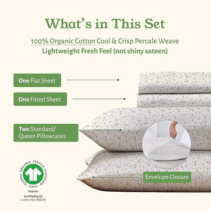 California Design Den Full Sheet Set Floral, 100% Organic Cotton Percale Sheets, Deep Pocket Full Sheets & Pillowcase Set - Floral