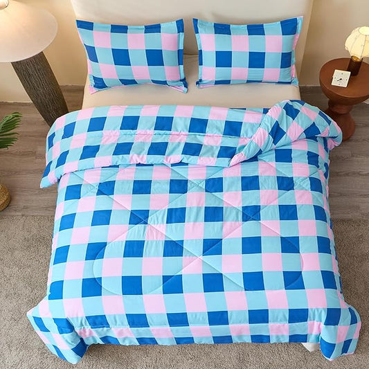 Caressma Checkered Comforter Set Full Size, Blue and Pink Plaid Comforter Bedding Set, Grid Gingham Fluffy Comforter Home Decor