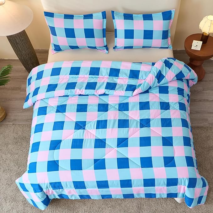 Caressma Comforter Set Blue and Pink Checkered King Size, 3 Pieces Buffalo Grid Comforter Bedding Set, Geometric Checkered Bedding with Pillowshams