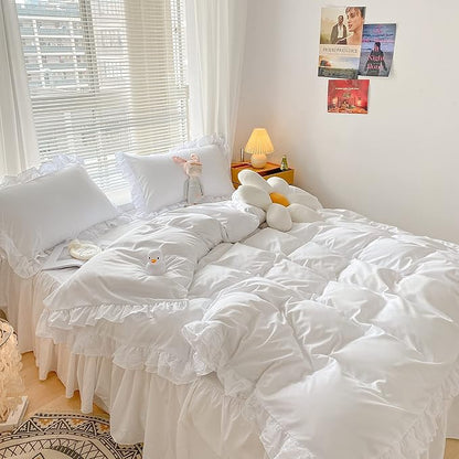 MOOWOO Chic Ruffle Lace Polyester Duvet Cover Set -Girl White Bedding-2 Piece Twin Comforter Duvet Cover with Zipper Closure -Ultra Soft and Light Weight(White, Twin)-NO Including Comforter