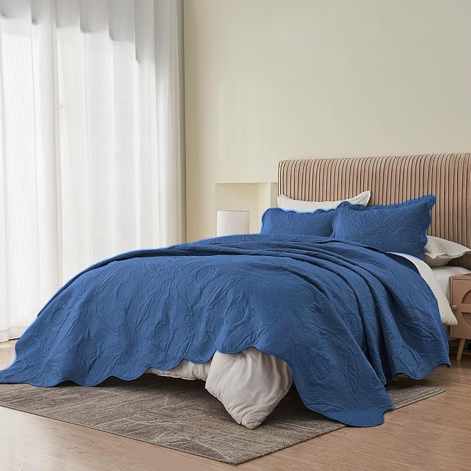 Kingnex Oversized King Bedspreads 128x120 for Extra Wide Tall King or Cal King Bed Ultrasonic Quilted Coverlet Set 3 Piece Include 1 Quilt 2 Pillowcases Navy