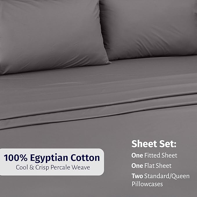 California Design Den Queen Size Sheet Set - Certified 100% Egyptian Cotton Queen Size Percale Sheets with Deep Pockets, Lightweight, Crisp, Durable Luxury Bedding Set - Grey