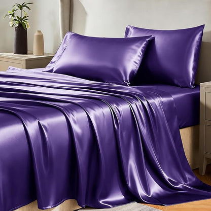 CozyLux Satin Sheets Twin Sheet Set - 3 Piece Silky Twin Bed Sheets, Luxury Purple Sheet Twin Size Bed Set with Smooth and Soft Microfiber, Includes 1 Fitted Sheet, 1 Flat Sheet and 1 Pillowcase