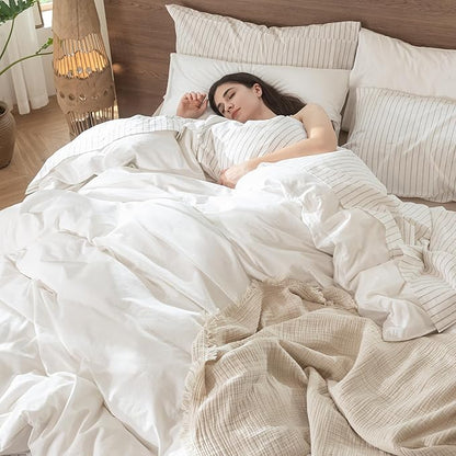 MooMee Bedding Duvet Cover Set 100% Washed Cotton Linen Like Textured Breathable Durable Soft Comfy (Solid Off White, Full 80"x90")