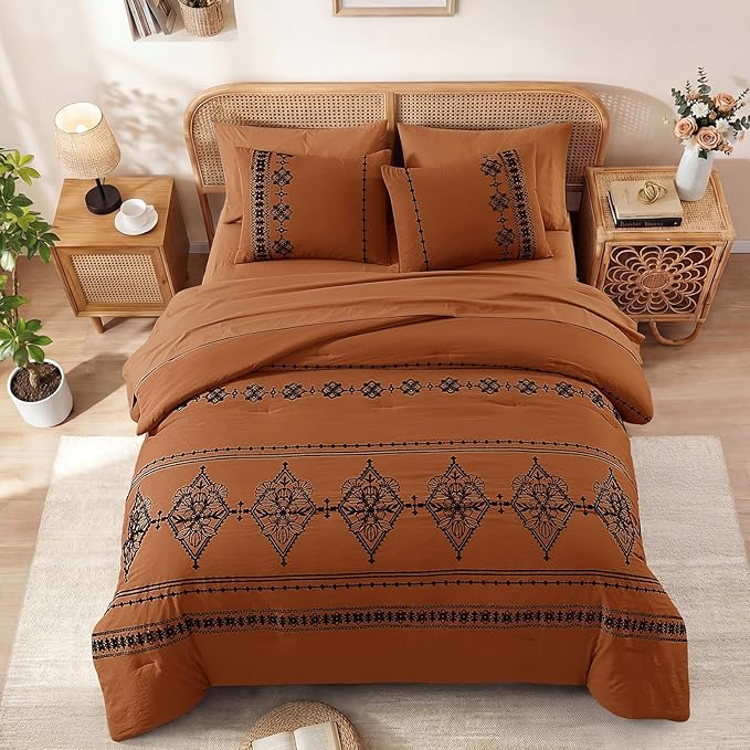 MaiRêve Queen Size Comforter Set Burnt Orange, Embroidery Floral Western Boho Bedding Set, All Season 7 Pieces Bed in a Bag with Sheets, Pillowcases & Shams