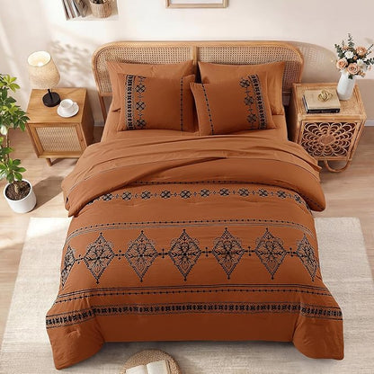 MaiRêve Queen Size Comforter Set Burnt Orange, Embroidery Floral Western Boho Bedding Set, All Season 7 Pieces Bed in a Bag with Sheets, Pillowcases & Shams