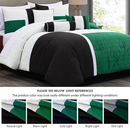 Chezmoi Collection Upland 7-Piece Quilted Patchwork Comforter Set, Green/Black/Cream White, Queen