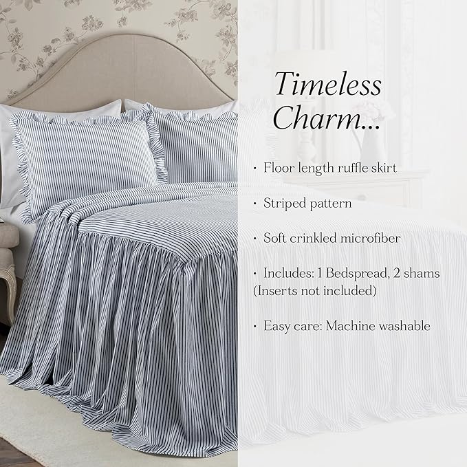 Lush Decor Ticking Stripe Bedspread Queen Size 3 Piece Set Navy - Ruffle Bedding Set Queen Bedspreads - Striped Bedding - Farmhouse & Coquette Decor