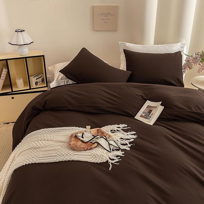 ECOCOTT Duvet Cover King Size -100% Washed Cotton Linen Like Textured Breathable Durable Soft Comfy Bedding Set with Zipper Closure & Corner Ties (Cocoa Brown, 104"x90")
