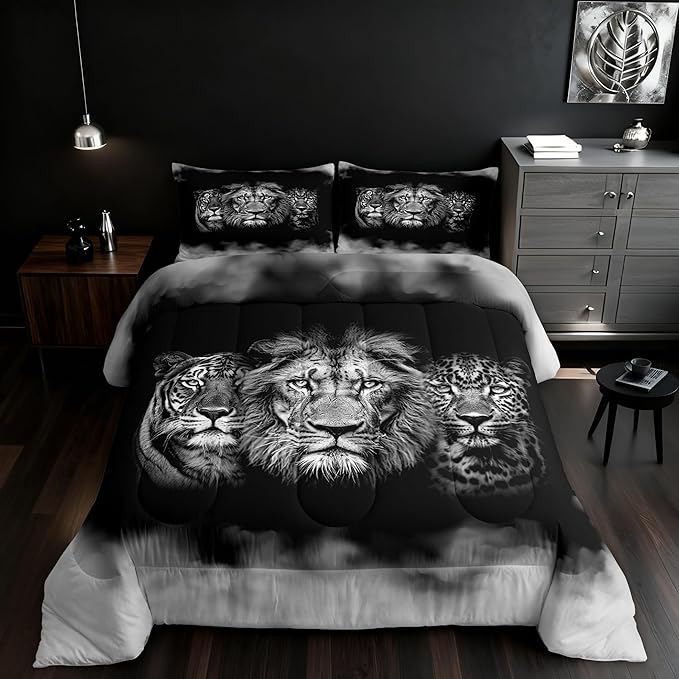 Wild Animals Comforter Set Full Size Tiger Lion Leopard 3D Bedding Set 3pcs for Kids Boys Men Home Room Decor,Black White Smog Down Comforter Modern Microfiber Quilted Duvet with 2 Pillowcases