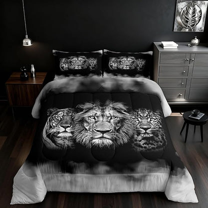 Wild Animals Comforter Set Full Size Tiger Lion Leopard 3D Bedding Set 3pcs for Kids Boys Men Home Room Decor,Black White Smog Down Comforter Modern Microfiber Quilted Duvet with 2 Pillowcases