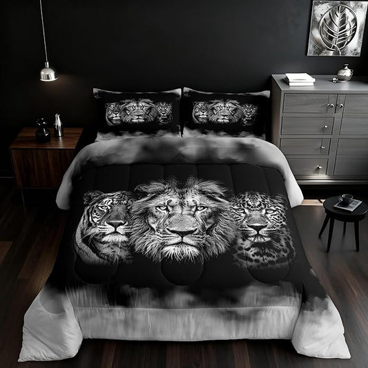 Wild Animals Comforter Set Full Size Tiger Lion Leopard 3D Bedding Set 3pcs for Kids Boys Men Home Room Decor,Black White Smog Down Comforter Modern Microfiber Quilted Duvet with 2 Pillowcases