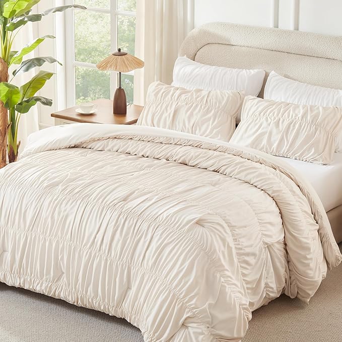 Andency Ruched Beige Full Size Comforter Sets, Shabby Chic Pleatd Bedding Sets 3 Pieces, Lightweight Soft Boho Ruffle Bed Set for Girls, Kids, Women, All Season