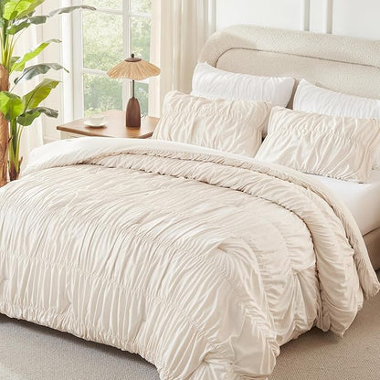 Andency Ruched Beige Full Size Comforter Sets, Shabby Chic Pleatd Bedding Sets 3 Pieces, Lightweight Soft Boho Ruffle Bed Set for Girls, Kids, Women, All Season