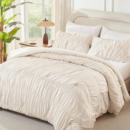 Andency Ruched Beige Full Size Comforter Sets, Shabby Chic Pleatd Bedding Sets 3 Pieces, Lightweight Soft Boho Ruffle Bed Set for Girls, Kids, Women, All Season