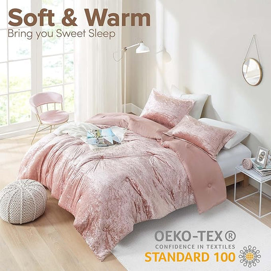 Comfort Spaces Juliette Luxe Comforter Set Velvet Lush with Soft Brushed Microfiber Reverse, All Season Cozy Velvet Bedding Sets, Fluffy Comforter Bed Set, Matching Sham, Blush King 3 Piece