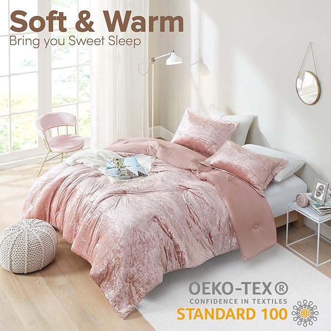 Comfort Spaces Juliette Luxe Comforter Set Velvet Lush with Soft Brushed Microfiber Reverse, All Season Cozy Velvet Bedding Sets, Fluffy Comforter Bed Set, Matching Sham, Blush Twin/Twin XL 2 Piece
