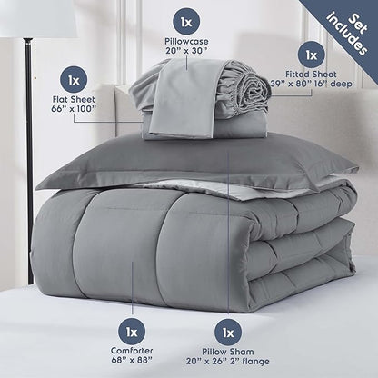 Nestl 5 Piece Twin XL Comforter Set – Grey Reversible Bed in a Bag – Complete Twin XL Size Bedding Set with Sheets, Pillowcase and Sham