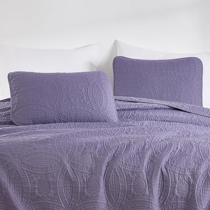 Chezmoi Collection Austin Queen Oversized Bedspread Set, 3-Piece Pinsonic Quilted Lightweight Microfiber Bedspread Coverlet, Dusty Purple | Oversized, Lightweight, Fade Resistant