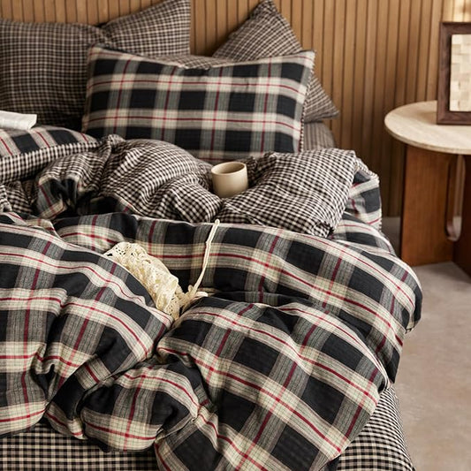 EAVD Vintage Style Red&Black Plaid Duvet Cover Full Soft 100% Cotton Muslin Retro Red Green Black Grid Checkered Bedding Set with 2 Pillowcases Reversible Gingham Duvet Cover with Zipper Closure