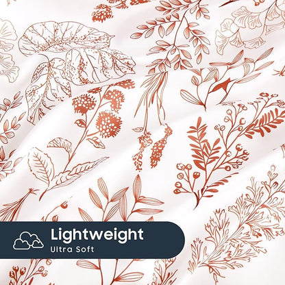 Wake In Cloud - Floral Duvet Cover Set, Botanical Vintage Flower Coquette Cottagecore Aesthetic for Women Teen Girls, Soft Lightweight Bedding, 3-Piece, Terracotta, Full Size