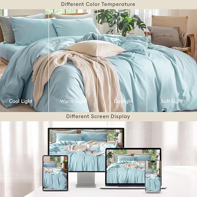 MooMee Bedding Duvet Cover Set 100% Washed Cotton Linen Like Textured Breathable Durable Soft Comfy (Heathered Light Blue, Queen 90"x90")