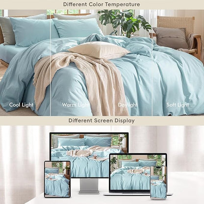 MooMee Bedding Duvet Cover Set 100% Washed Cotton Linen Like Textured Breathable Durable Soft Comfy (Heathered Light Blue, King 104"x90")