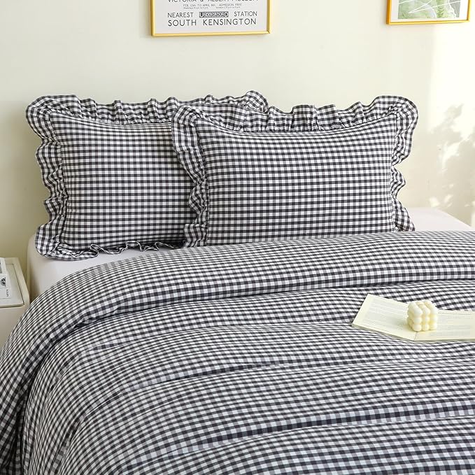 Black/White Checkered Ruffle 3-Piece Duvet Cover Set Full Size,Washed Cotton Shabby Gingham Plaid Bedding Set Farmhouse Comforter Set(Full,Black/White)