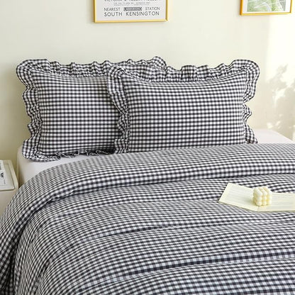 Black/White Checkered Ruffle 3-Piece Duvet Cover Set King Size,Washed Cotton Shabby Gingham Plaid Bedding Set Farmhouse Comforter Set(King,Black/White)