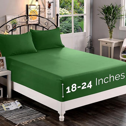 Elegant Comfort 1500 Premium Quality Fitted Sheet Ultra Soft 18-24 Inch Extra Deep Pocket - Single Fitted Sheet for High Mattress - Wrinkle Free with Smart Storage Pockets, Full, Hunter Green
