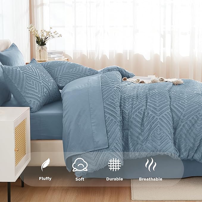 Andency Grayish Blue Super King Size Comforter Set with Sheets - 7 Pieces Bed in a Bag Boho Tufted Bedding Sets Fluffy Lightweight Super King Bed Set with Comforter, Sheets, Pillowcases & Shams