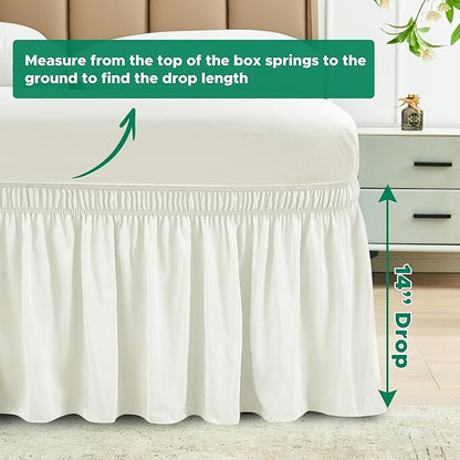Biscaynebay Wrap Around Bed Skirts for King & Cal King Beds 14" Drop, Ivory Adjustable Elastic Dust Ruffles Easy Fit Wrinkle & Fade Resistant Silky Luxurious Fabric Solid Machine Washable