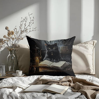 Witchy Black Cat Reading Book Throw Pillow Covers 18x18, cat Gifts for Women,Dark Cottagecore Flower Decor, Gothic Moody Black Kitten Pillowcase，Aesthetic Black Cats Vintage Cats Decor