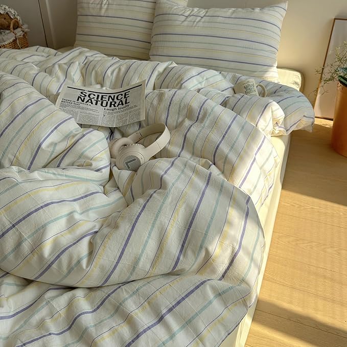 EAVD Vintage Colorful Striped Comforter Set Twin XL Soft Cotton 3-Piece Retro Vertical Striped Bedding Set with 2 Pillowcases Boho Geometric Comforter Set for All-Season(Purple&Yellow&Blue, Twin XL)